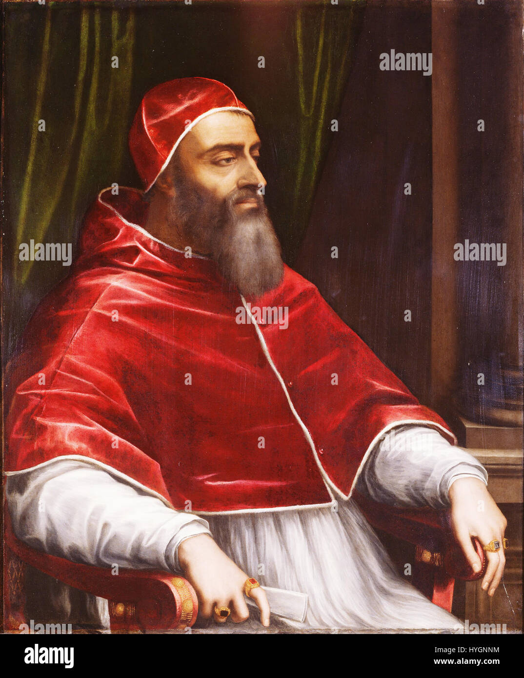 Sebastiano del Piombos Porträt von Papst Clemens VII. Zeigt die imposante Präsenz und Autorität des Papstes und greift die würdevollen Merkmale des Renaissance-Pontiffs auf. Das Werk veranschaulicht del Piombos Meisterschaft in der Porträtkunst und verbindet Realismus und Pracht. Stockfoto
