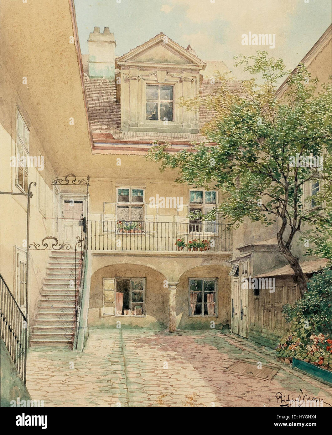 „Alter Wiener Innenhof“ von Richard Moser, der einen traditionellen Wiener Innenhof mit historischer Architektur veranschaulicht. Stockfoto