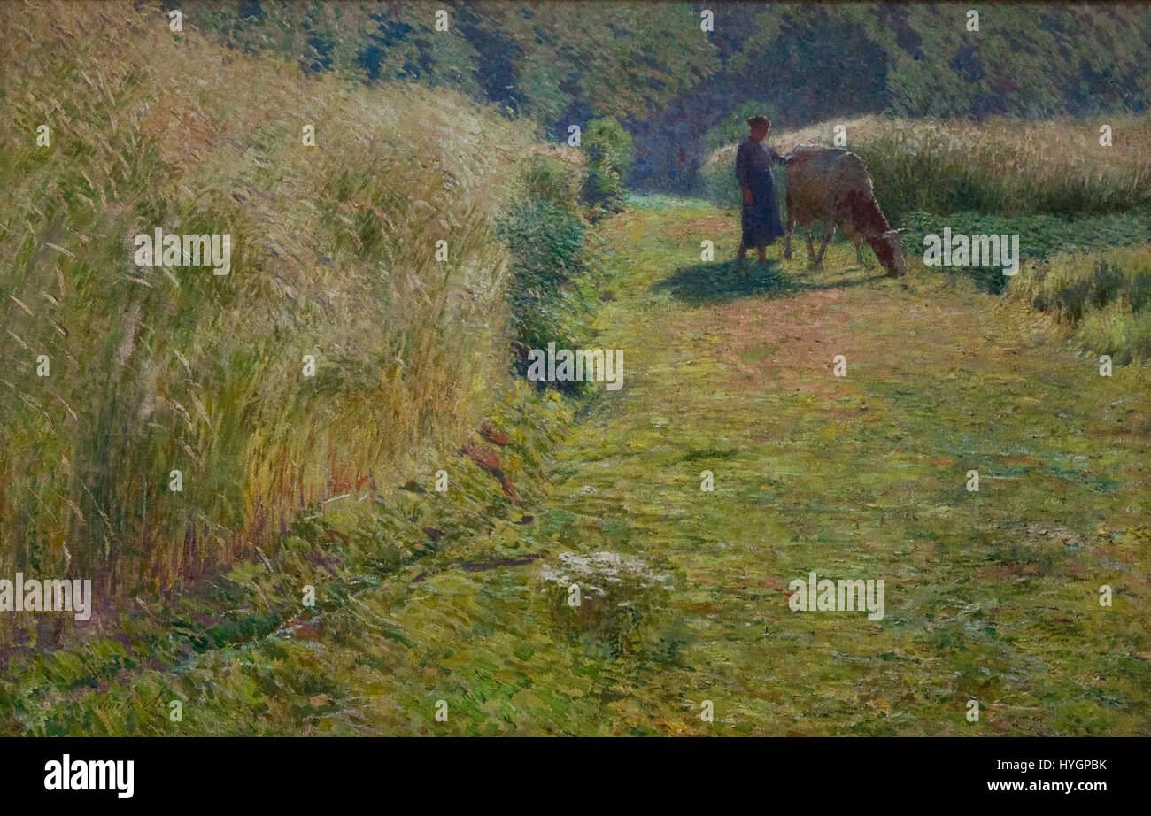 'Zomer' (1893) von Emile Claus zeigt eine ländliche belgische Landschaft im Sommer. Die lebendigen Farben der Natur, einschließlich üppigem Grün und fließendem Wasser, unterstreichen das friedliche ländliche Leben. Claus Pinsel und Licht unterstreichen die Wärme und Ruhe der Saison. Stockfoto