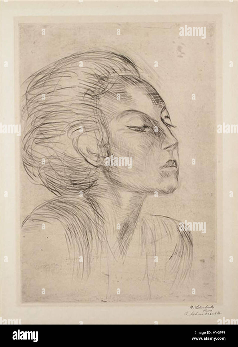 Diese Skulptur von Wilhelm Lehmbruck zeigt einen nach rechts gedrehten weiblichen Kopf. Lehmbrucks Arbeit ist bekannt für seine Erforschung der menschlichen Form und fängt emotionale Tiefe und die Spannung zwischen Abstraktion und Realismus in der modernen Skulptur ein. Stockfoto