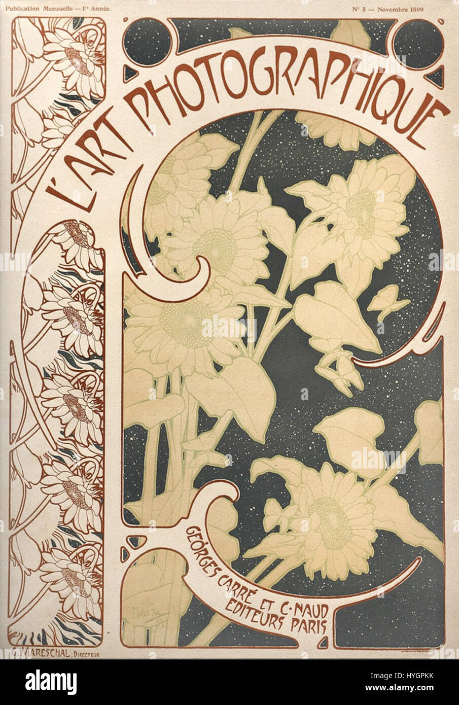 „L'Art photographique“ mit Mucha bezieht sich auf den berühmten Jugendstilkünstler Alphonse Mucha. Seine Arbeit wird oft mit dekorativem Design und der Integration der Fotografie in die bildende Kunst in Verbindung gebracht, wobei Illustration mit fotografischen Elementen vermischt wird. Stockfoto