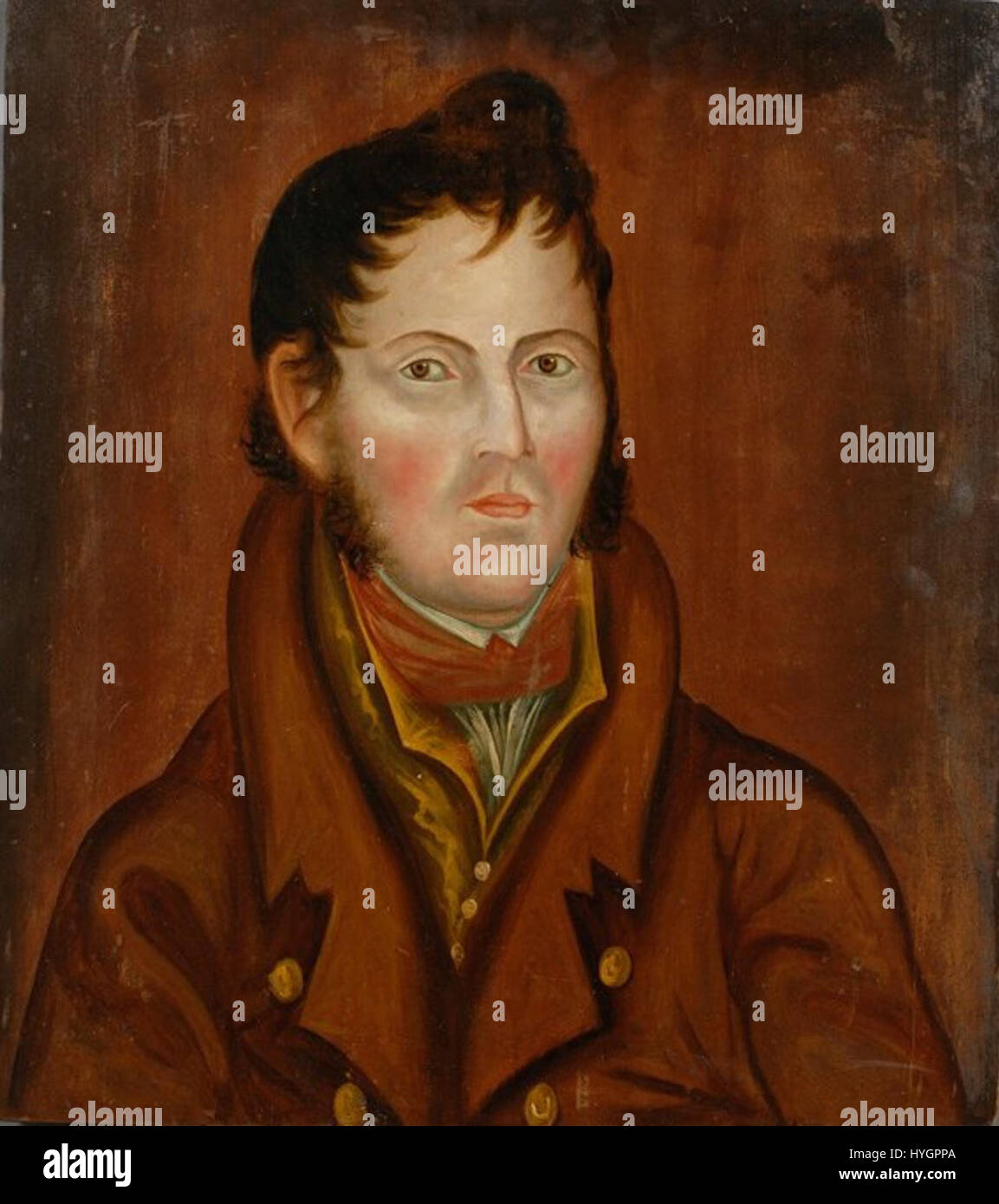 Dieses Porträt, das Asahel Lynde Powers um 1830 schuf, zeigt einen jungen Mann im klassischen Stil des 19. Jahrhunderts. Powers ist bekannt für seine Liebe zum Detail und die realistische Darstellung seiner Motive. Er fängt die Gesichtszüge und Kleidung des Motivs präzise ein und spiegelt die Mode und kulturellen Werte der Zeit wider. Stockfoto