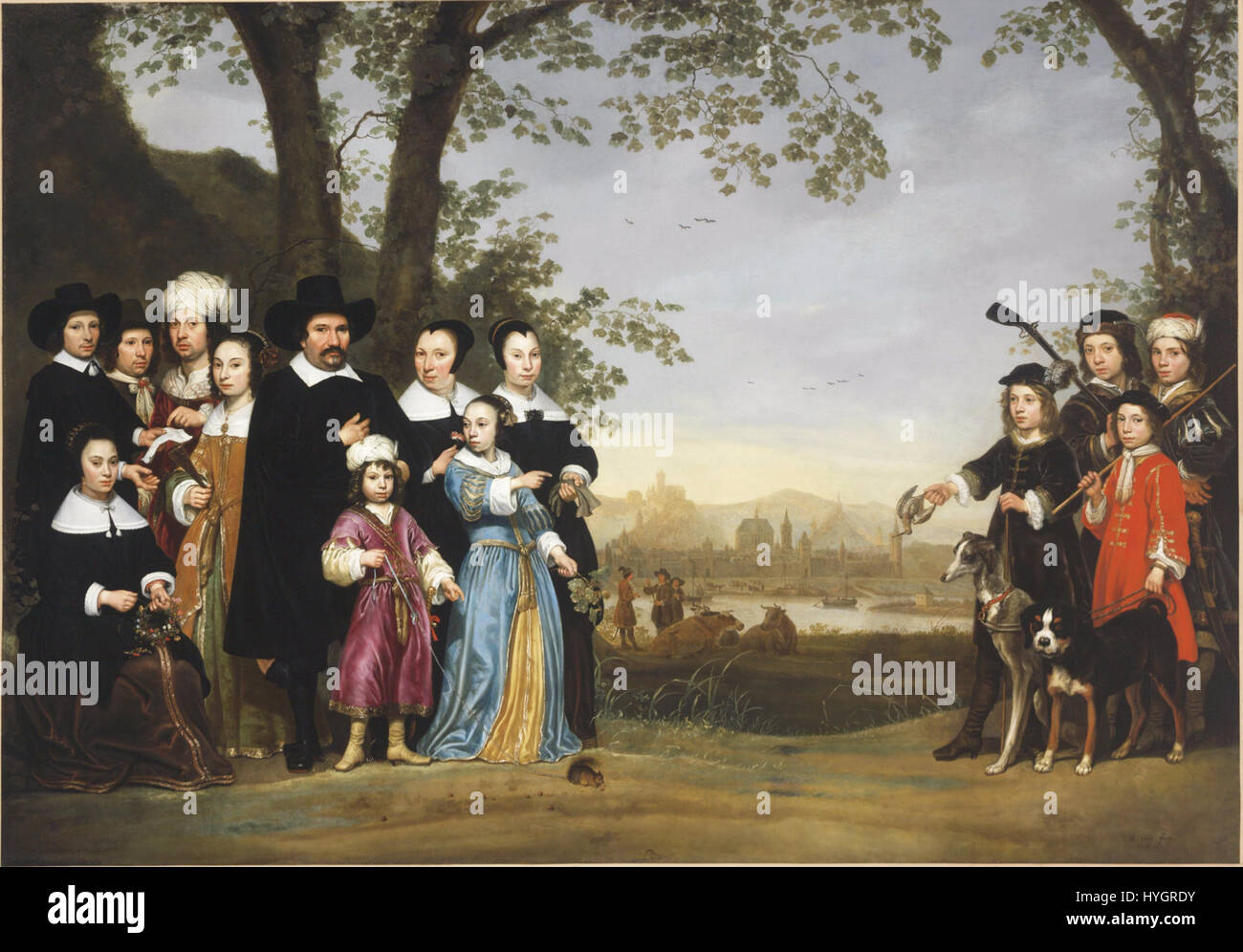Dieses Porträt von Aelbert Cuyp zeigt die Familie Sam in einem niederländischen Setting aus dem 17. Jahrhundert. Cuyp ist bekannt für seine Fähigkeiten in der Darstellung von Familiengruppen, die sowohl den individuellen Charakter als auch die familiäre Bindung mit einer ruhigen Atmosphäre einfangen. Stockfoto