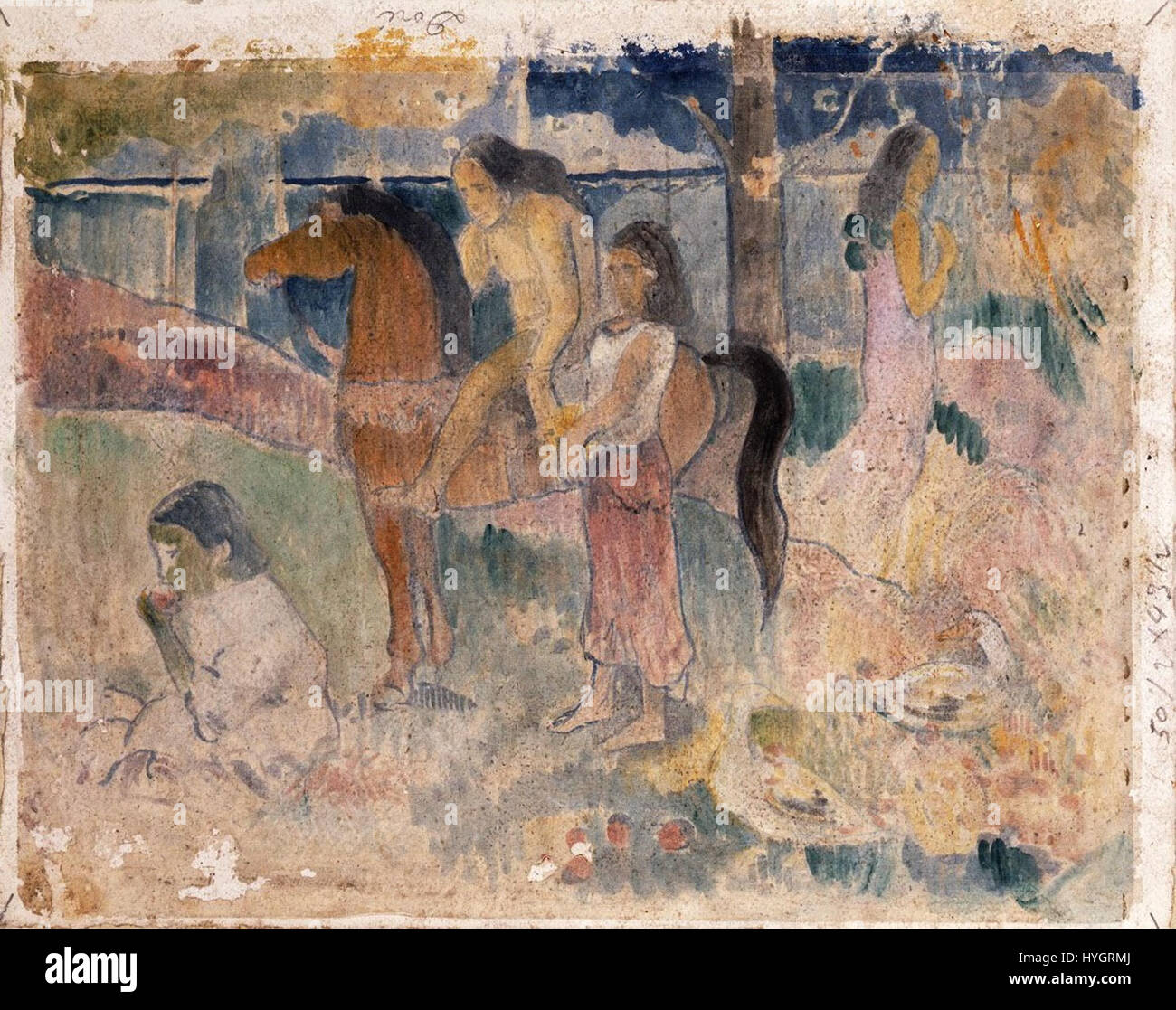 Paul Gauguins „tahitische Szene“ zeigt die lebendige Kultur und Landschaft Tahiti und zeigt seinen einzigartigen Stil des Post-Impressionismus. Das Werk unterstreicht die natürliche Schönheit der Insel mit lebhaften Farben und exotischen Bildern, die Gauguins Faszination für das polynesische Leben widerspiegeln. Stockfoto