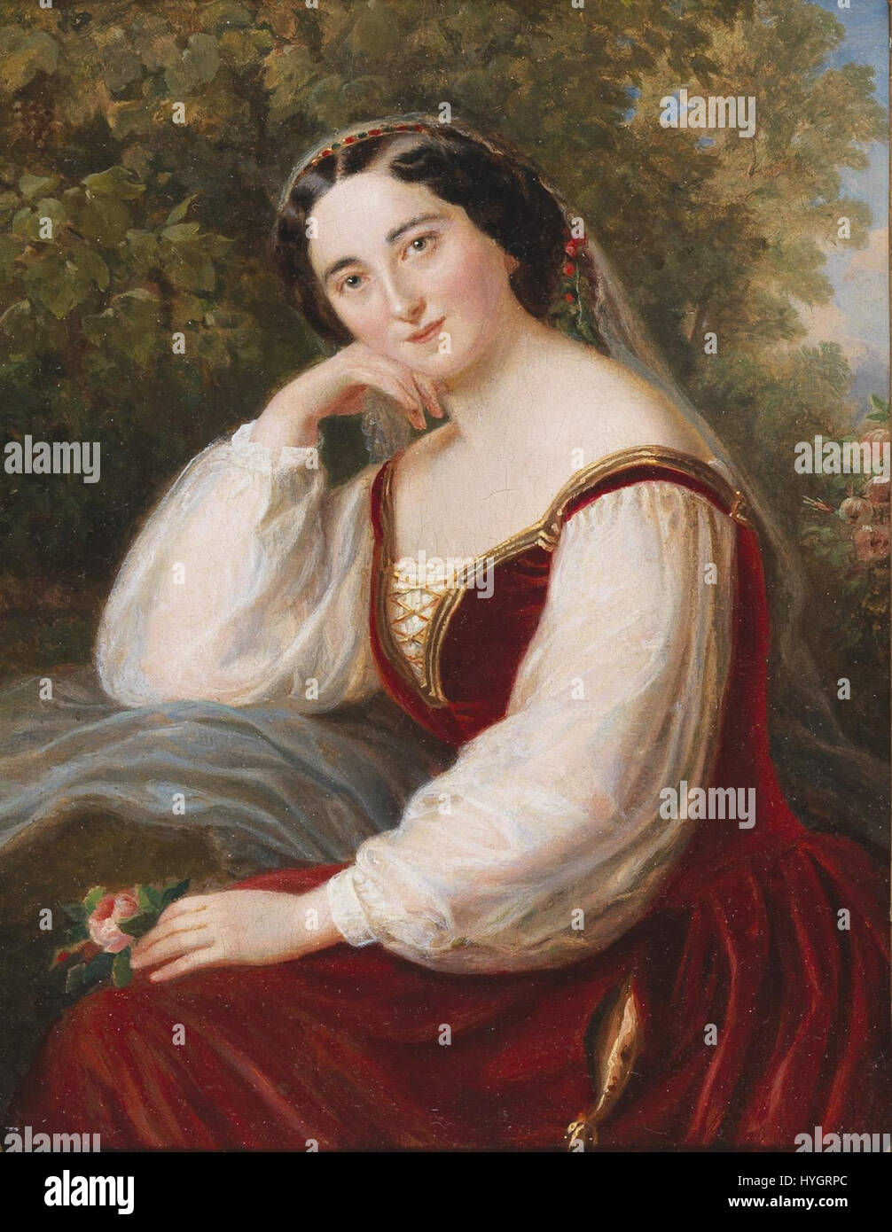 Das Porträt von Maretta Forti, das von einem unbekannten Künstler gemalt wurde, zeigt den eleganten Stil des Porträts aus dem 19. Jahrhundert und unterstreicht den raffinierten Charakter und die modische Kleidung des Themas aus dieser Zeit. Stockfoto