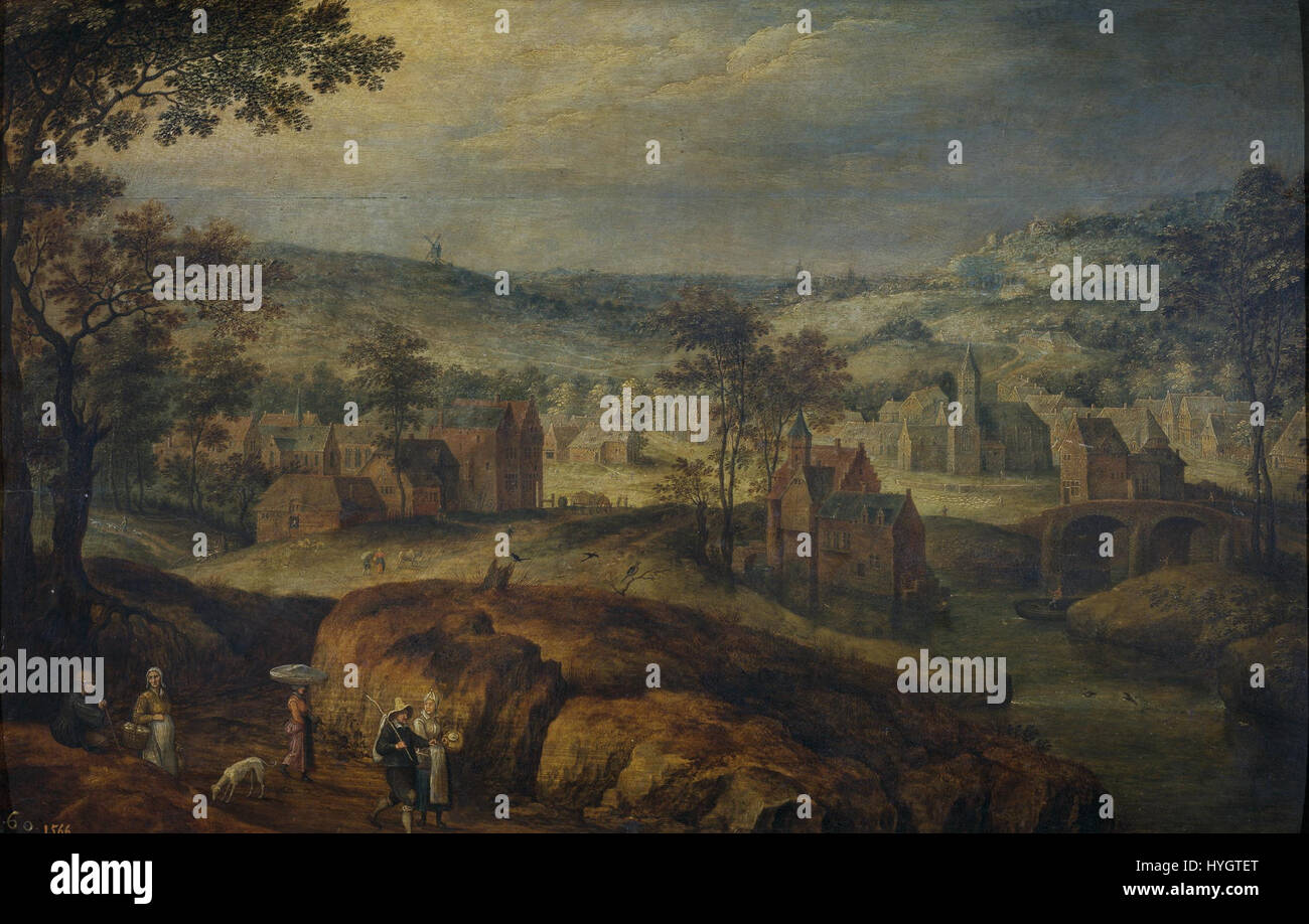 Dieses Landschaftsgemälde von Jan Brueghel dem Älteren zeigt eine ruhige ländliche Szene mit einem kleinen Dorf vor einer natürlichen Kulisse. Brueghel, bekannt für seine detailreichen und lebendigen Landschaften, schildert die Harmonie zwischen Natur und menschlicher Besiedlung, ein gemeinsames Thema in seinen Werken. Das Dorf wird wahrscheinlich mit einem Schwerpunkt auf seine Beziehung zur umliegenden Landschaft gezeigt, wobei akribische Pinsel verwendet werden, um die Ruhe und Schönheit der Umgebung hervorzuheben. Stockfoto