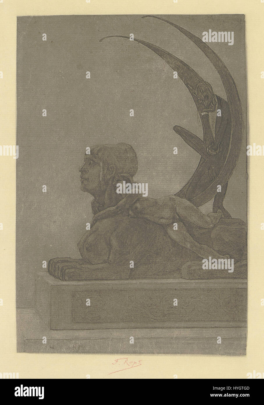 „Le Sphinx“ von Félicien ROPS stellt die mythische Kreatur mit einem unheimlichen, rätselhaften Ausdruck dar. Die Liebe zum Detail und die Verwendung symbolischer Elemente des Künstlers vermitteln die geheimnisvolle und eindringliche Natur des Themas und verbinden klassische Mythologie mit Symbolismus des 19. Jahrhunderts. Stockfoto