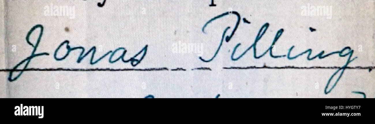 Pastor Jonas Pillings Unterschrift repräsentiert eine bemerkenswerte Figur in religiösen oder sozialen Kreisen, möglicherweise einen Autor, Geistlichen oder Philanthropen. Ein weiterer Kontext zu seinen Beiträgen würde ein tieferes Verständnis seiner Wirkung und seines Vermächtnisses vermitteln. Stockfoto