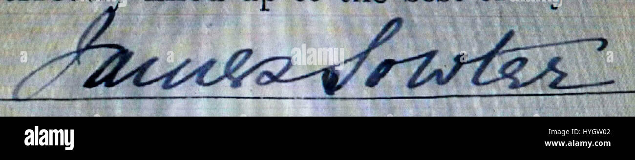 James Sowters Signatur ist bekannt für seinen eigenen Stil, der oft auf seinen Werken der Kunst des 19. Jahrhunderts zu finden ist. Seine Gemälde werden für ihren detaillierten Realismus und die Darstellung historischer Themen gefeiert. Stockfoto