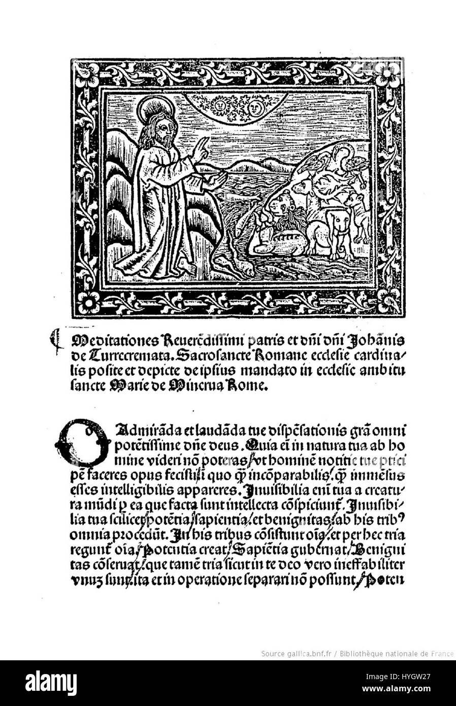 Die „Meditationes“ von Juan de Torquemada, ein Werk aus dem 14. Jahrhundert, beschäftigt sich mit theologischen und spirituellen Themen. Sie ist mit dem Dominikanerorden assoziiert und konzentriert sich auf Meditation und Frömmigkeit im mittelalterlichen christlichen Kontext. Stockfoto