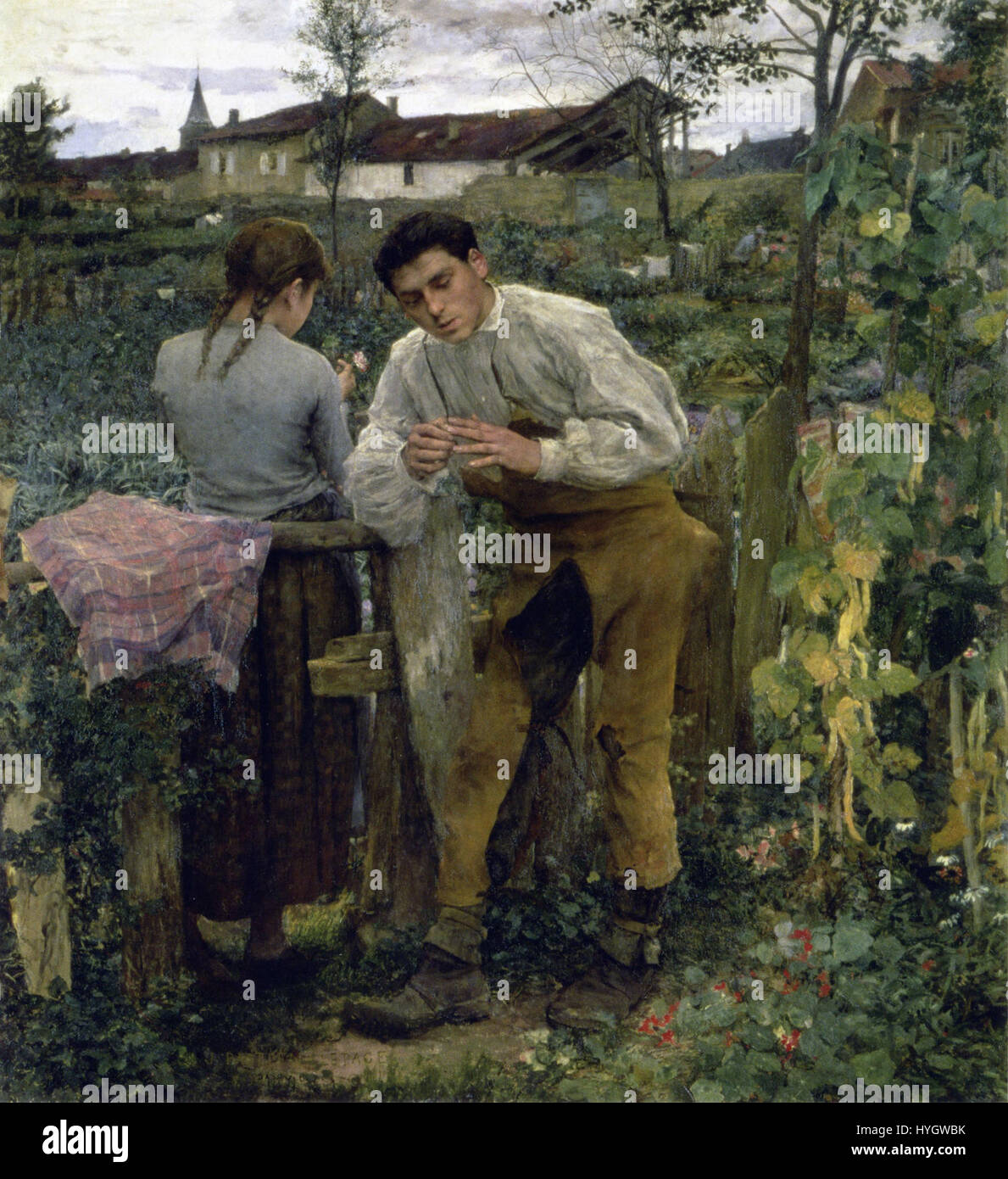 „Ländliche Liebe“ von Jules Bastien-Lepage, gemalt 1883, zeigt ein ländliches Paar in einem intimen, herzlichen Moment. Das Gemälde fängt die Einfachheit des ländlichen Lebens ein und betont die Bindung zwischen den Figuren und ihre Verbindung zur Natur. Stockfoto