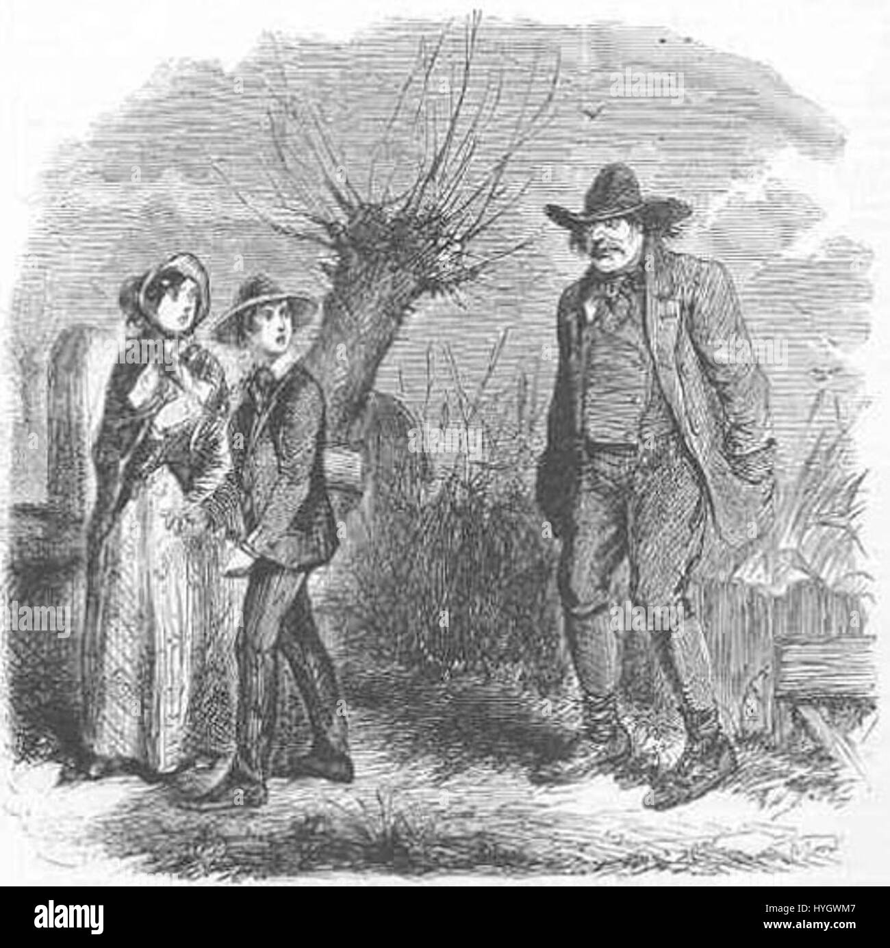 Kapitel 17 von Charles Dickens enthält Pip und Biddy mit der ominösen Präsenz von Orlick. In diesem Kapitel werden die Beziehungen zwischen den Charakteren untersucht und Themen der sozialen Klasse, des persönlichen Wachstums und des Verrats hervorgehoben. Stockfoto