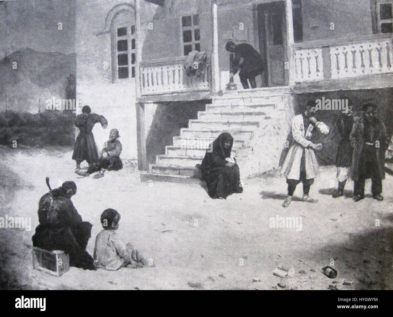 Dieses Kunstwerk von A. Mrevlishvili mit dem Titel „in der Dorfkanzlei“ fängt eine Szene des ländlichen Lebens im späten 19. Jahrhundert ein. Das Stück reflektiert die sozialen und administrativen Aspekte der Dorfführung und bietet Einblick in die georgische Kultur und den künstlerischen Stil der Zeit. Stockfoto