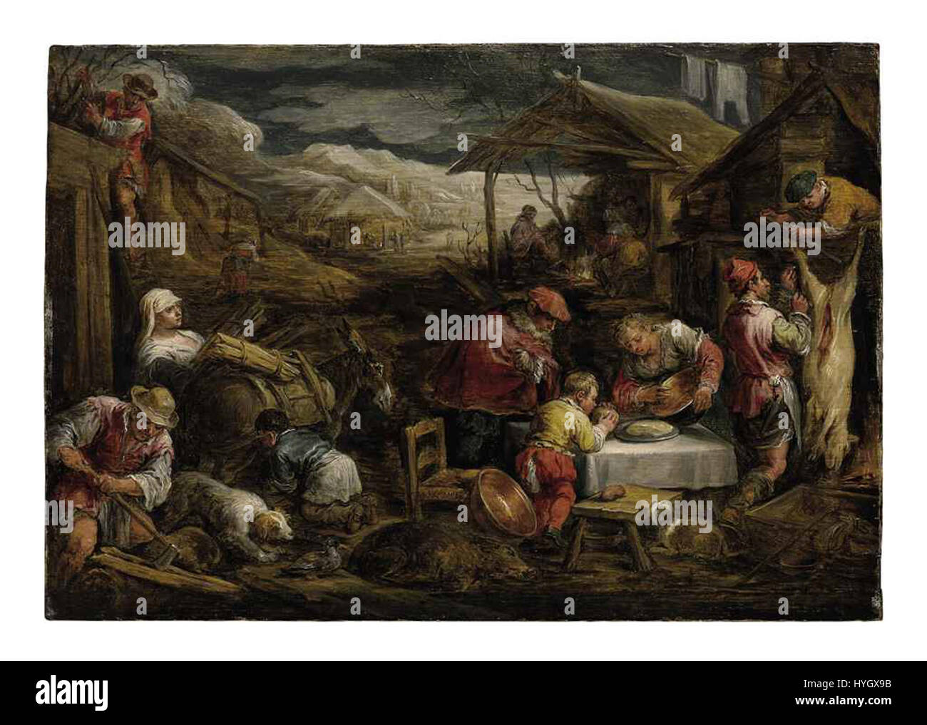 *An Allegory of Winter* ist ein Gemälde von David Teniers nach Bassano, das die Härte und Schönheit des Winters einfängt. Das Werk veranschaulicht den barocken Stil mit seinen lebendigen Darstellungen der Kälte der Saison, die oft im Kontrast zur Wärme menschlicher Aktivität steht. Stockfoto