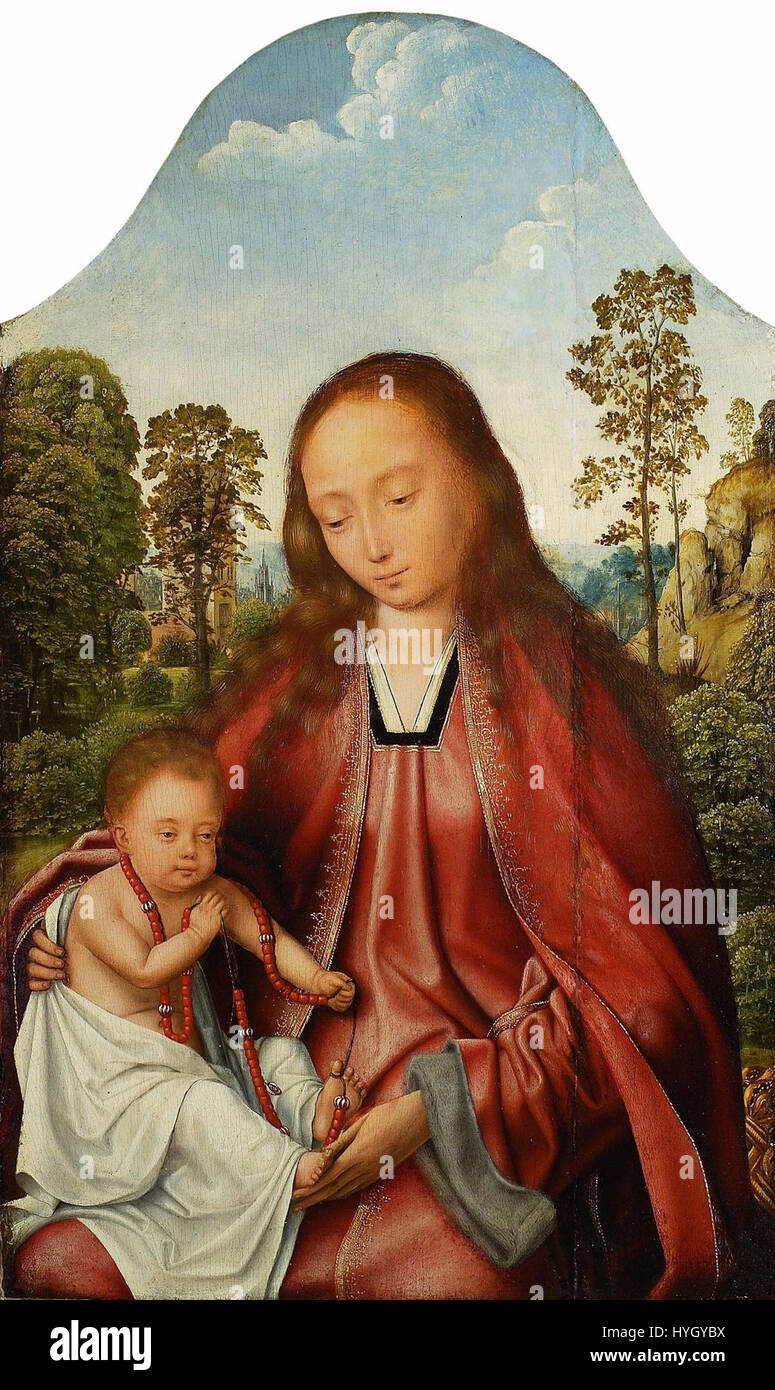 Massijs' *Madonna und Kind* ist ein Kunstwerk aus der Renaissance, das die Jungfrau Maria und den Jesuskind darstellt. Das Stück ist bekannt für seine feinen Details und die Verwendung von Licht, um die zärtliche Verbindung zwischen Mutter und Kind hervorzuheben. Stockfoto