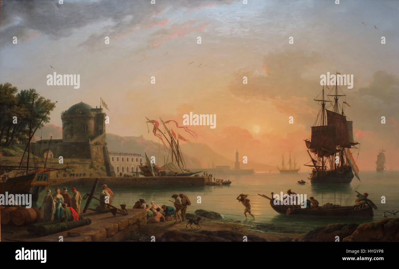 „A Grand View of the Sea Shore angereichert mit Gebäuden, Schifffahrt und Figuren“ von Claude Joseph Vernet ist ein maritimes Landschaftsgemälde aus dem 18. Jahrhundert. Vernet fängt die dynamische Interaktion zwischen Meer, Architektur und Alltag an der Küste ein. Stockfoto