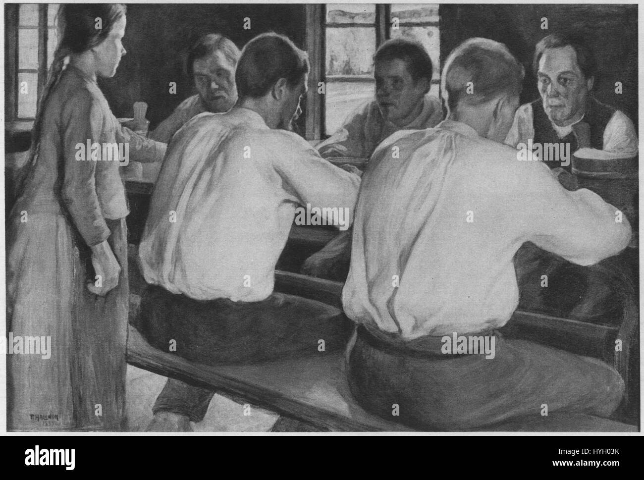 „Mahlzeit“ von Pekka Halonen, einem finnischen Künstler, fängt eine Szene ein, in der Menschen eine Mahlzeit in einer rustikalen Umgebung teilen. Die Arbeit spiegelt Halonens Fokus auf das häusliche Leben und die menschliche Verbindung wider. Stockfoto