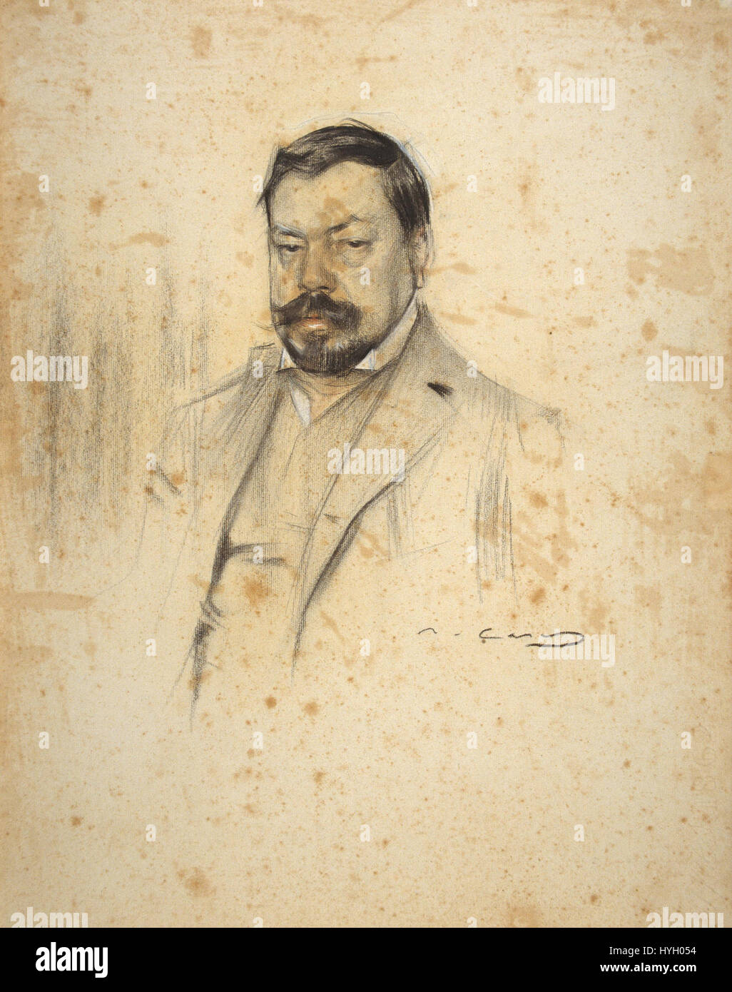 Dieses Porträt von Ramon Casas mit dem Titel „Enric Serra“ spiegelt den modernistischen Stil des späten 19. Bis frühen 20. Jahrhunderts wider. Casas war bekannt für seine Porträts, die das Wesen der modernen spanischen Gesellschaft einfangen, wobei er sich auf Eleganz und zeitgenössisches Leben konzentrierte. Stockfoto
