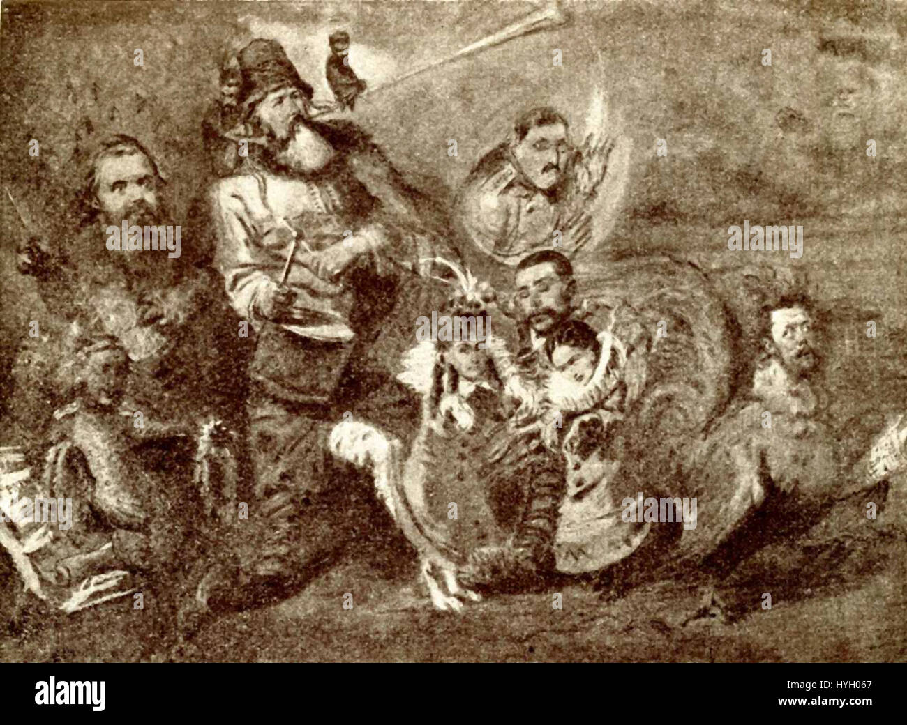 Makovskys Karikaturen sind bekannt für ihren satirischen Stil, der die russische Gesellschaft des 19. Jahrhunderts mit scharfen, überzogenen Darstellungen sozialer Persönlichkeiten widerspiegelt. Diese Karikaturen geben Einblick in die kulturelle und politische Dynamik der Zeit. Stockfoto