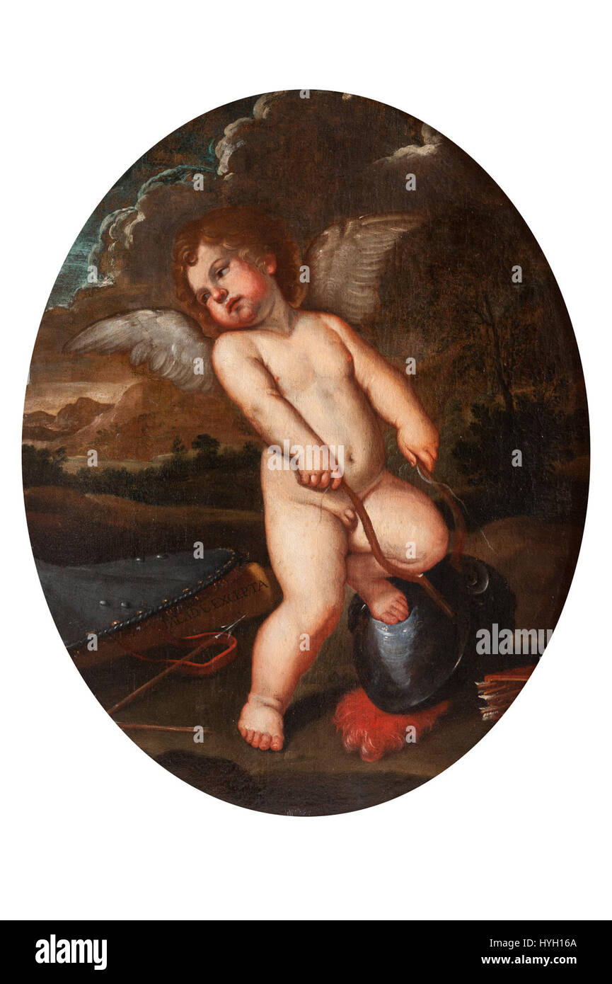 Ein barockes Gemälde von Francesco Albani, das einen geflügelten Cherub zeigt, der die Instrumente von Minerva bricht. Die Szene reflektiert einen spielerischen, aber symbolischen Moment göttlicher Intervention und Mythologie. Stockfoto