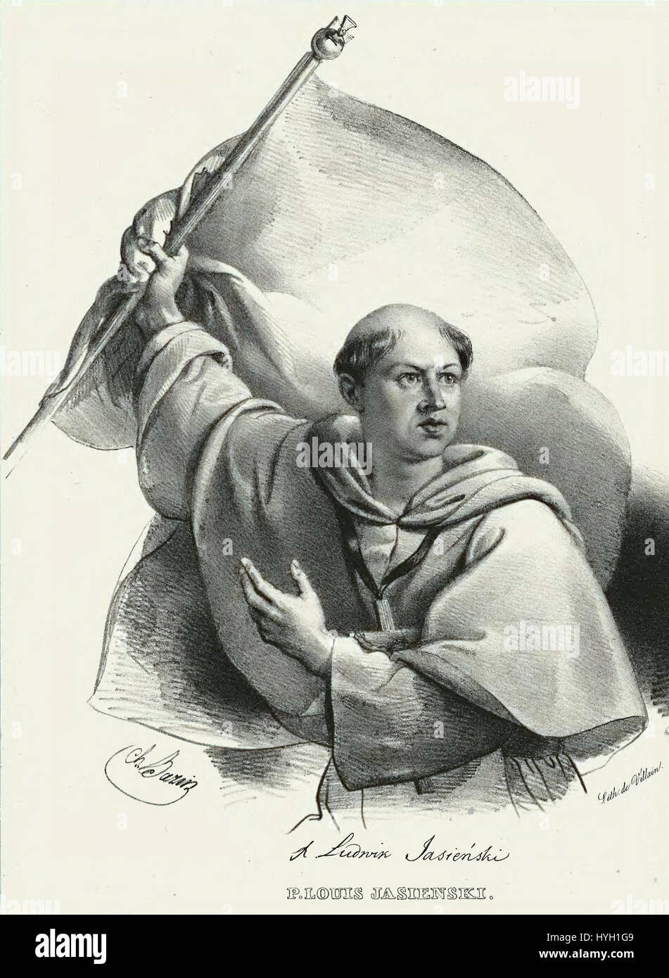 Dieses Porträt von P. Louis Jasienski, gemalt von Charles Louis Bazin im Jahr 1833, zeigt den raffinierten Stil der französischen Porträtkunst aus dem frühen 19. Jahrhundert. Bazins Arbeit spiegelt einen ausgeprägten Sinn für Realismus und Details wider und erfasst den Charakter und die soziale Gestalt des Subjekts. Stockfoto