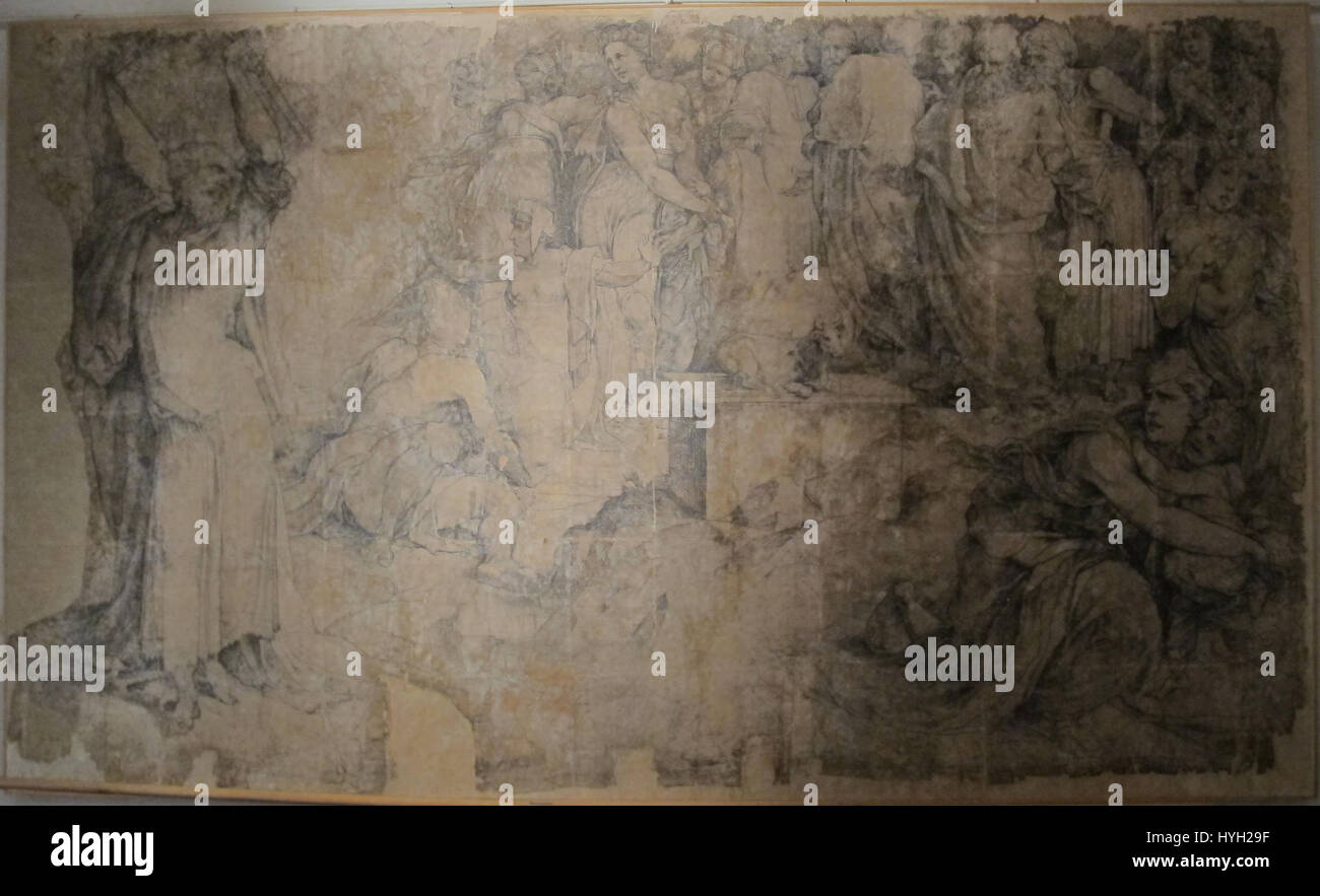 Beccafumis „Cartone per Pavimento Duomo Di Siena“ (1529–1531) ist ein Entwurf für den Boden der Kathedrale von Siena. Das Werk spiegelt den Beitrag des Künstlers zur Kunst der Renaissance wider, mit kompliziertem Design und symbolischen religiösen Themen, die für die Dekoration des Doms geeignet sind. Stockfoto