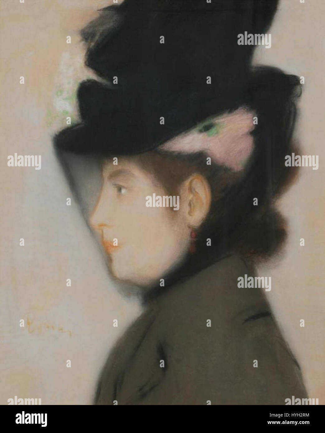 Das Porträt einer Frau mit schwarzem Hut aus den 1890er Jahren fängt die Mode und Eleganz dieser Zeit ein. Das Bild hebt die detaillierten Texturen und den formalen Stil hervor, der typisch für die Porträtmalerei des späten 19. Jahrhunderts ist. Stockfoto