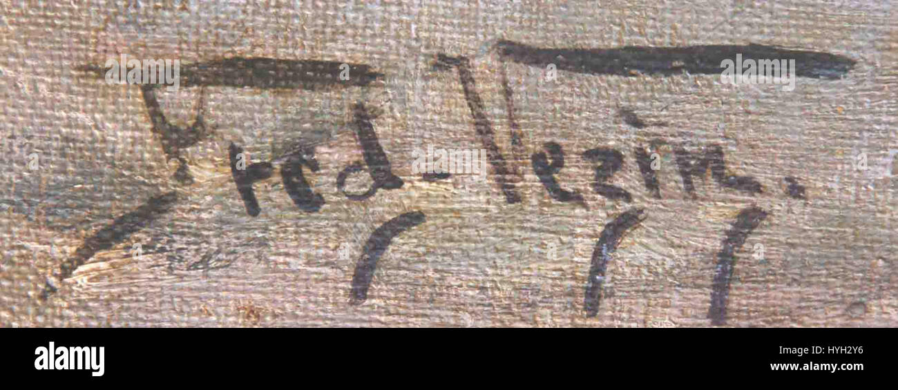 Die Signatur „Vezin“ bezieht sich wahrscheinlich auf eine Person, die mit einem bestimmten Kunstwerk verbunden ist, oder auf eine historische Figur, die für ihre künstlerischen Beiträge bekannt ist. Es könnte auch auf ein deutliches Zeichen der Authentizität in Kunst oder Dokumentation hinweisen, das historischen Wert und eine Verbindung zu der kulturellen oder künstlerischen Bewegung, die sie repräsentiert, hinzufügt. Stockfoto