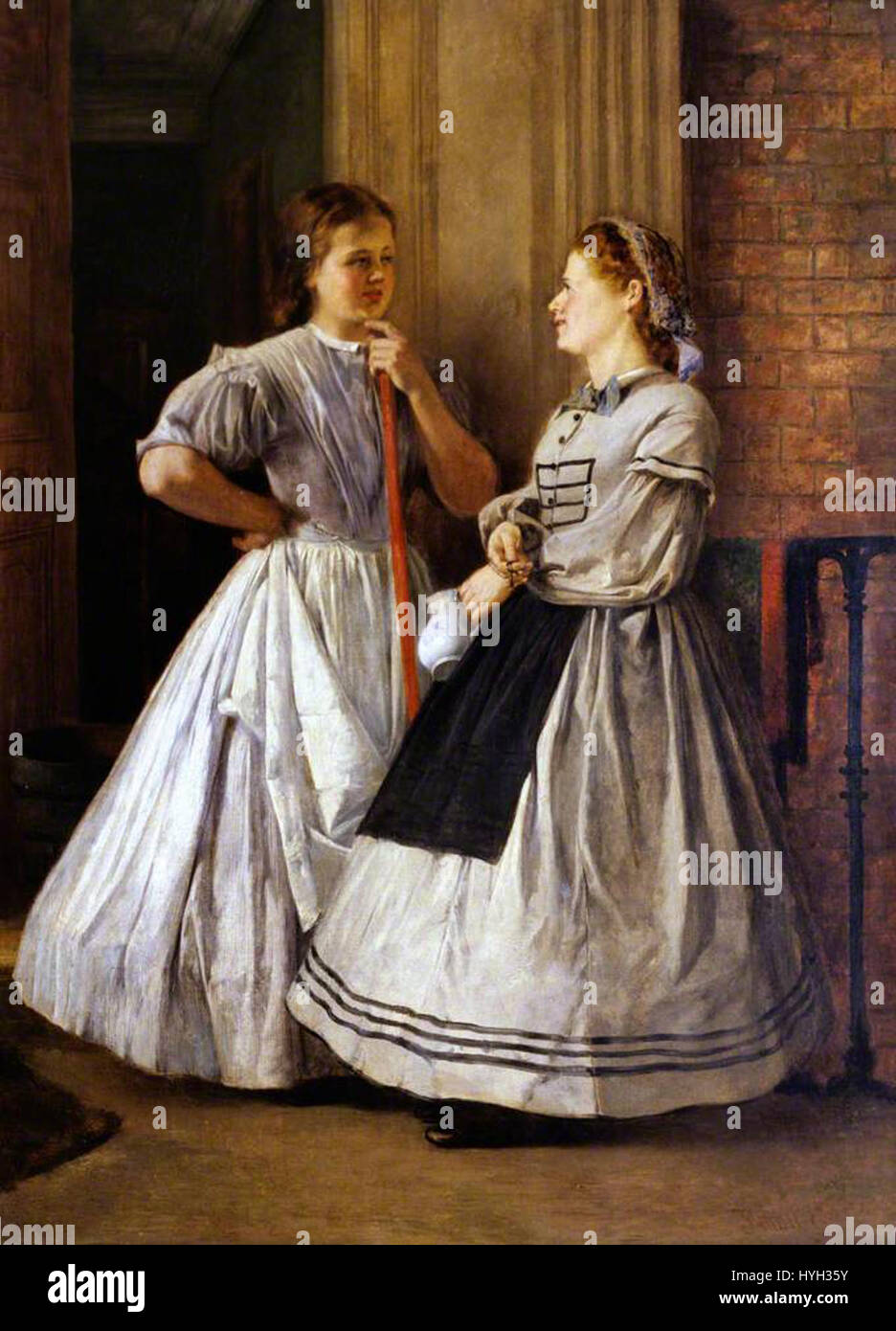 John Finnies „Mägde of All Work“ (1864–65) verwendet lebendige Farben, um Hausangestellte im England Mitte des 19. Jahrhunderts darzustellen, was die Dynamik der sozialen Klassen und die Rolle der Frauen im viktorianischen Haushalt widerspiegelt. Stockfoto