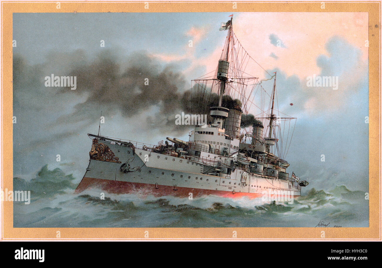 Das S.M. Linienschiff Kaiser Friedrich III. War ein deutsches Schlachtschiff der Kaiserlichen Marine, das Ende des 19. Jahrhunderts gestartet wurde. Das Gemälde stellt das Schiff wahrscheinlich in Aktion oder auf See dar und hebt dessen Design und Rolle in den frühen Jahren des Deutschen Reiches hervor und symbolisiert die Stärke der Marine während dieser Zeit. Stockfoto
