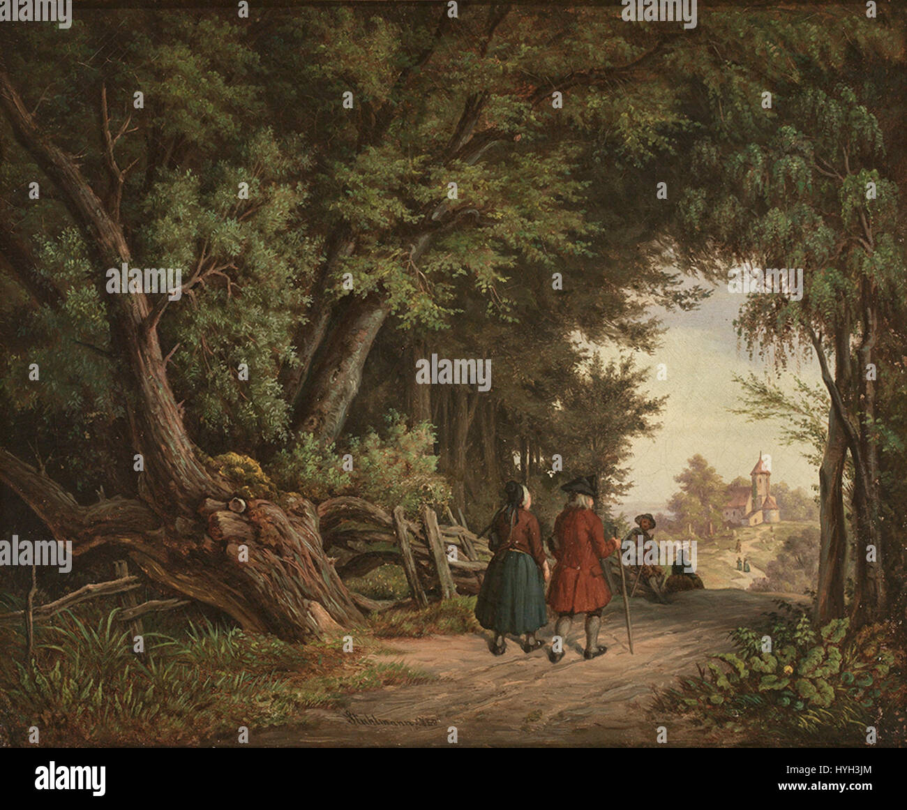 Heinrich Stuhlmanns „romantischer Waldweg mit Figurenstaffage und Durchblick auf Kirchlein“ ist ein Landschaftsbild aus der Romantik, das einen Waldweg mit Figuren und Blick auf eine kleine Kirche darstellt. Stockfoto