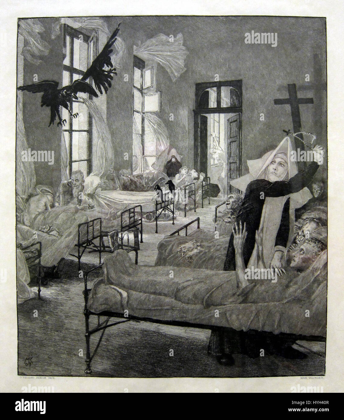 „Peste“ von Klinger ist ein symbolisches Werk, das die Verwüstung der Pest widerspiegelt. Das Stück verwendet dunkle, emotionale Bilder, um die Auswirkungen von Krankheiten auf die Gesellschaft darzustellen und konzentriert sich auf die Angst und das Chaos, das sie verursacht hat. Stockfoto