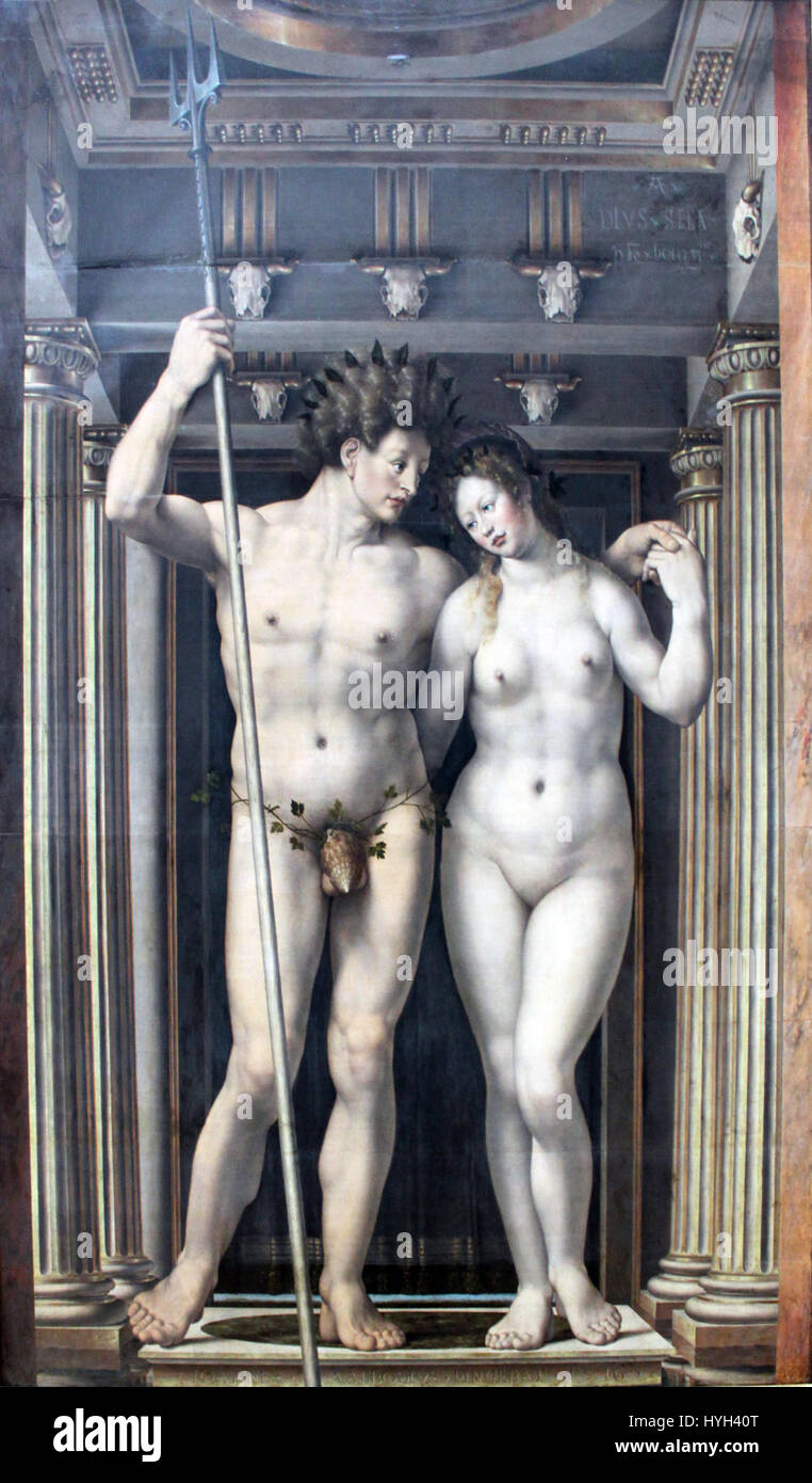 Das 1516 entstandene Gemälde „Neptun und Amphitrit“ des flämischen Künstlers Jan Gossaert zeigt mit Amphitrit die mythologische Szene von Neptun, dem Gott des Meeres. Gossaerts Verwendung detaillierter Realismus und klassischer Themen ist sein Beitrag zur Kunst der Nördlichen Renaissance. Stockfoto