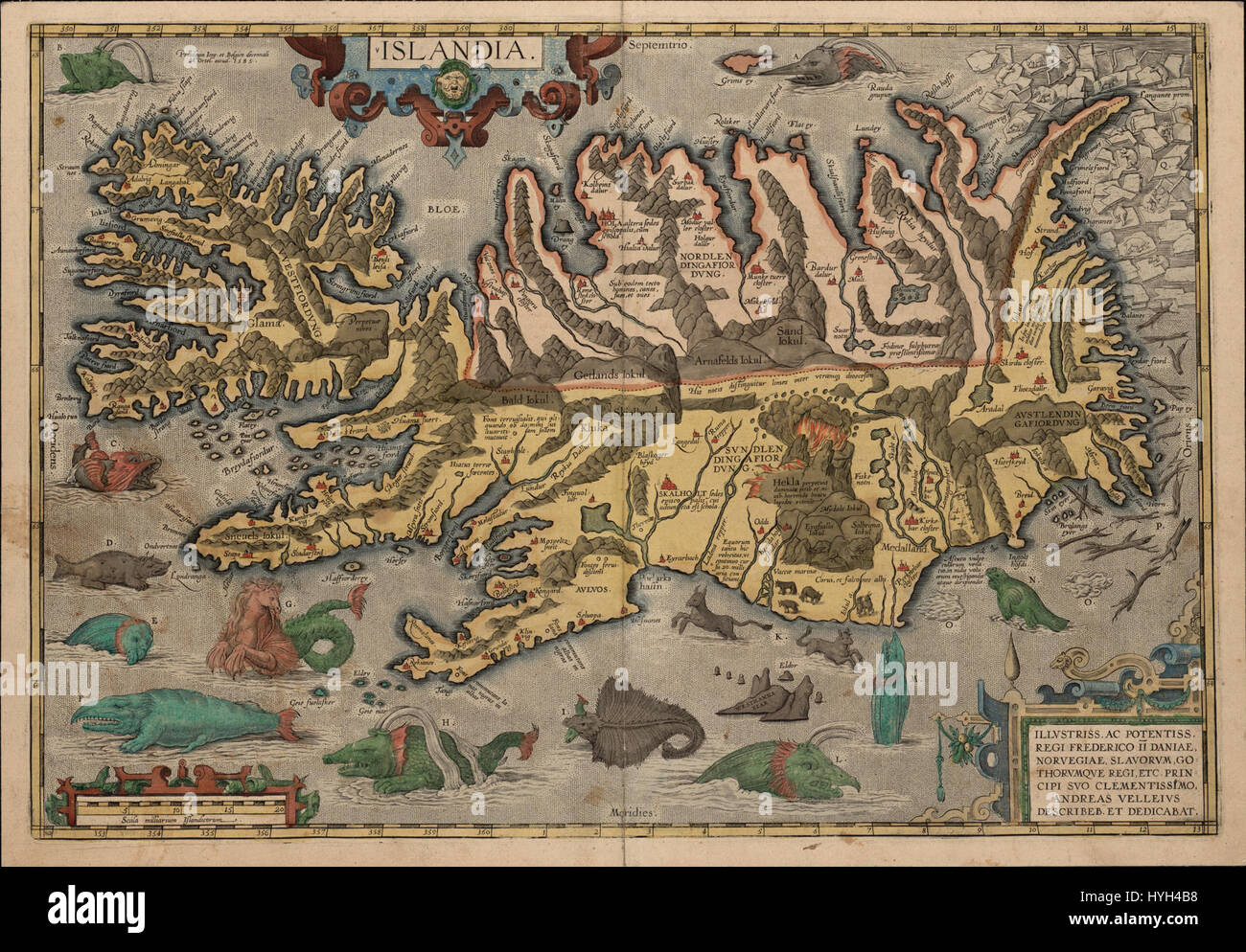 A. Velleius’ „Islandia“ ist ein historisches Stück, das die Insel Island darstellt und möglicherweise auf ihre einzigartige Landschaft und Kultur verweist. Das Werk bietet eine Darstellung der natürlichen Schönheit Islands und der historischen Bedeutung. Stockfoto