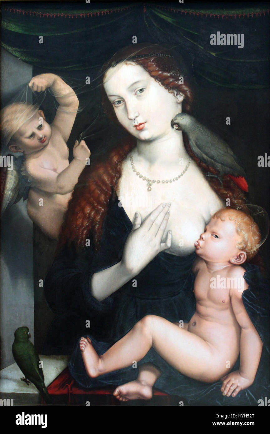 „Maria mit Kind und Papageien“ von Hans Baldung aus dem Jahr 1533 zeigt die Jungfrau Maria mit dem Jesuskind, begleitet von einem Papagei. Dieses Stück unterstreicht Baldung’ Geschick in der Darstellung religiöser Figuren mit symbolischen Elementen. Stockfoto