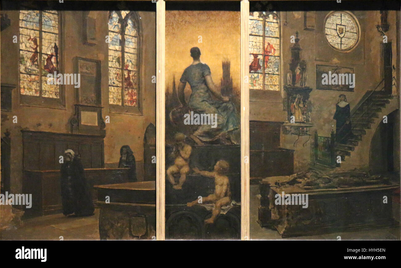 „Brügge“ von Xavier Mellery zeigt ein ruhiges Stadtbild der belgischen Stadt und fängt ihre historische Schönheit mit Liebe zum Detail ein. Das Stück unterstreicht Mellery’ Talent für die Darstellung des urbanen Lebens und der Architektur. Stockfoto