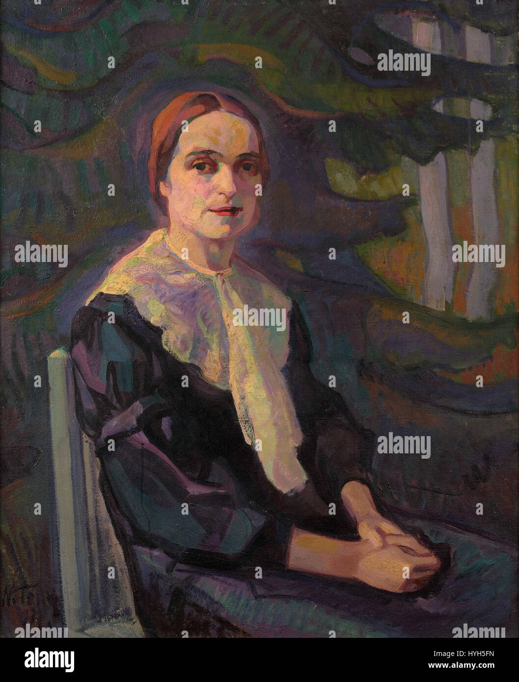 Nikolai Triiks Porträt von Aino Suitsu aus dem Jahr 1914 zeigt eine fein ausgeführte Darstellung des Themas in der estnischen Kunst des frühen 20. Jahrhunderts und fängt die Persönlichkeit des Sitters ein. Stockfoto