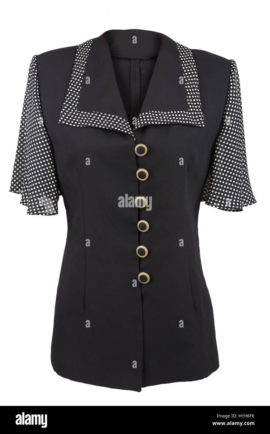 Schwarze elegante Bluse mit gepunkteten Kragen und Ärmel, isoliert auf weiß Stockfoto