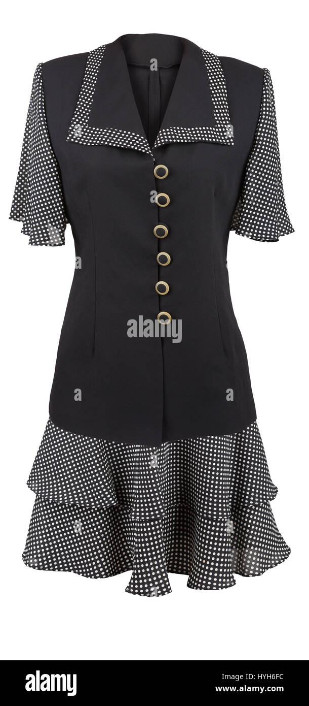 Schwarzes elegantes Kleid mit gepunkteten Kragen und Ärmel, isoliert auf weiß Stockfoto