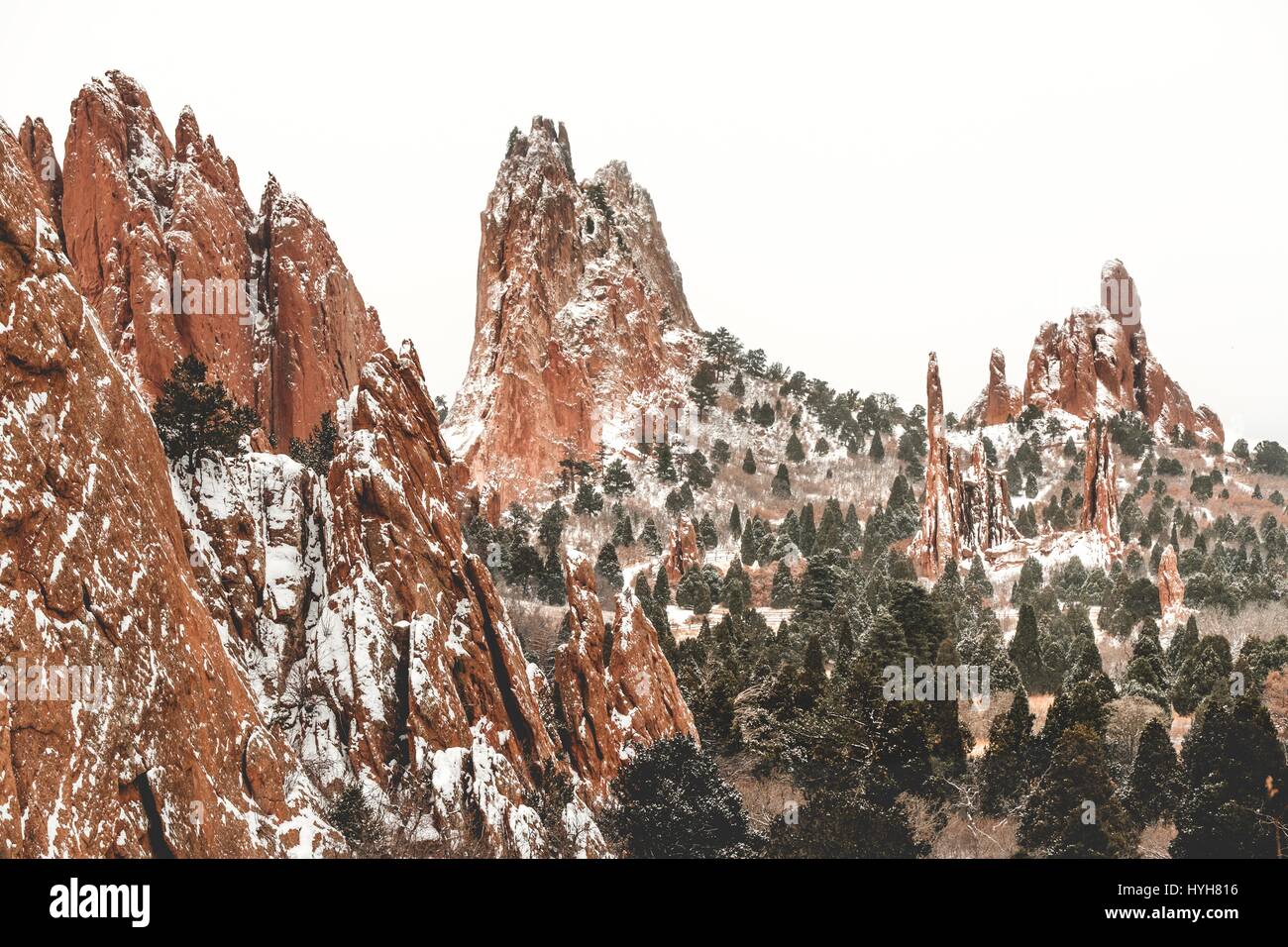 Winter begrenzt Bäume und Berge im Garten der Götter National Park in Colorado Springs, USA. Stockfoto