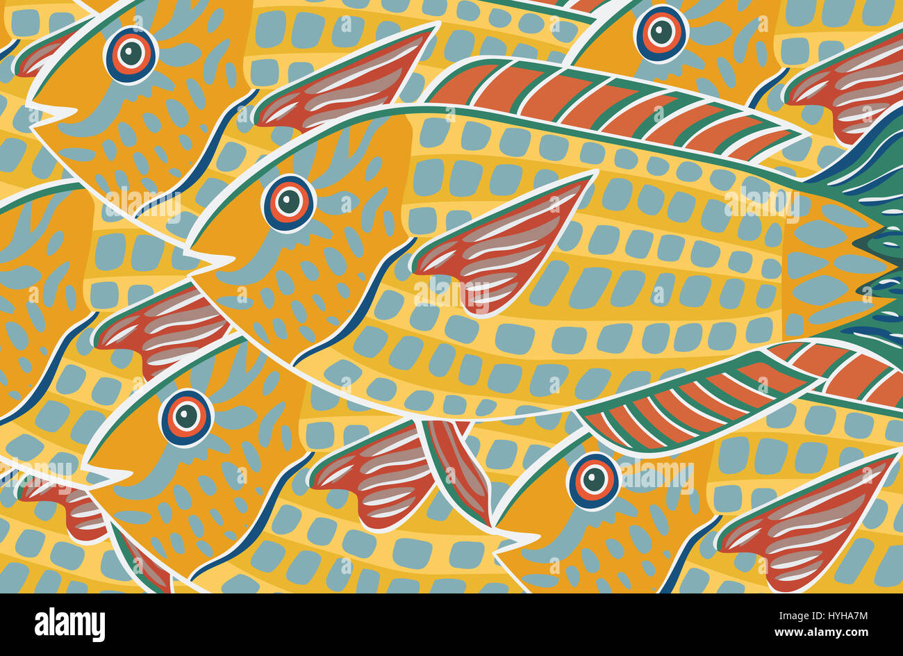 Gelber Fisch. Eine Illustration über das Schwimmen in die gleiche Richtung. Stockfoto