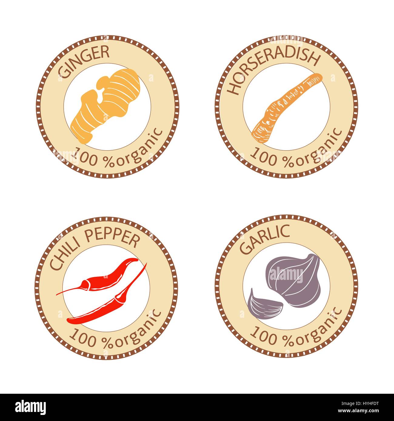 Reihe von Gewürzen Etiketten. 100 Bio. Kollektion Stock Vektor