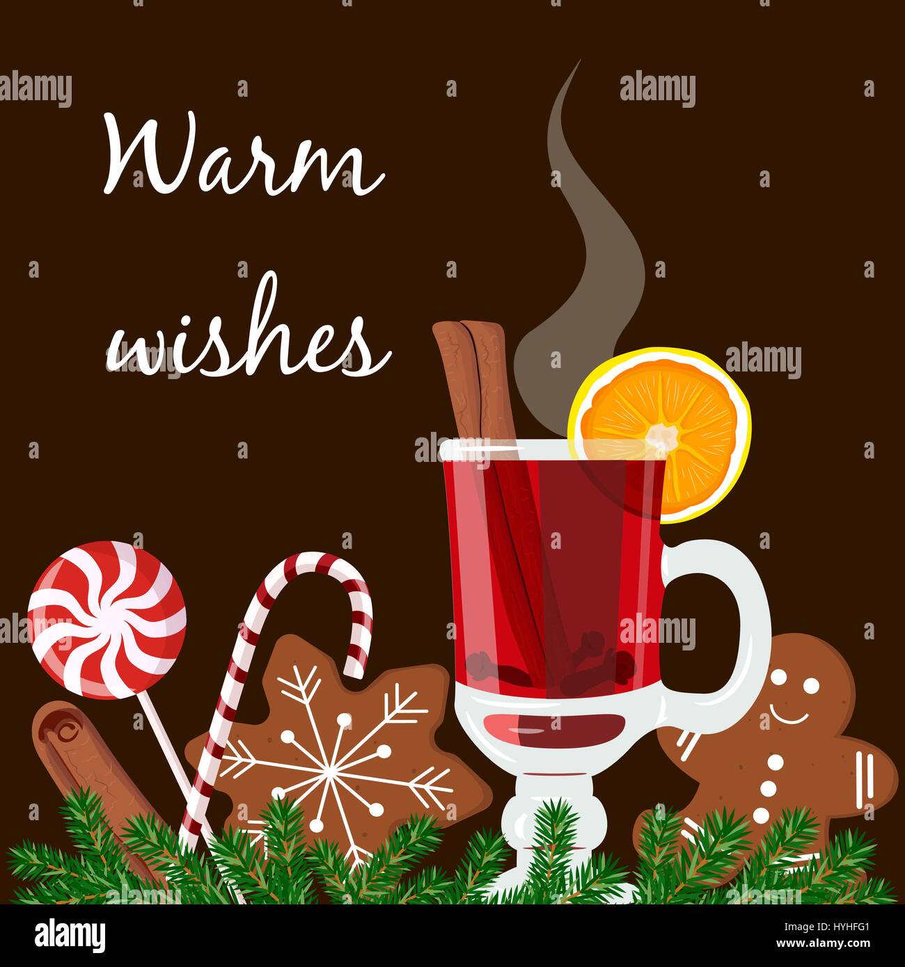 Herzliche Grüße Postkarte. Glühwein mit Lebkuchen Stock Vektor Herzliche Grüße Postkarte. Glühwein mit Lebkuchen Stock Vektor