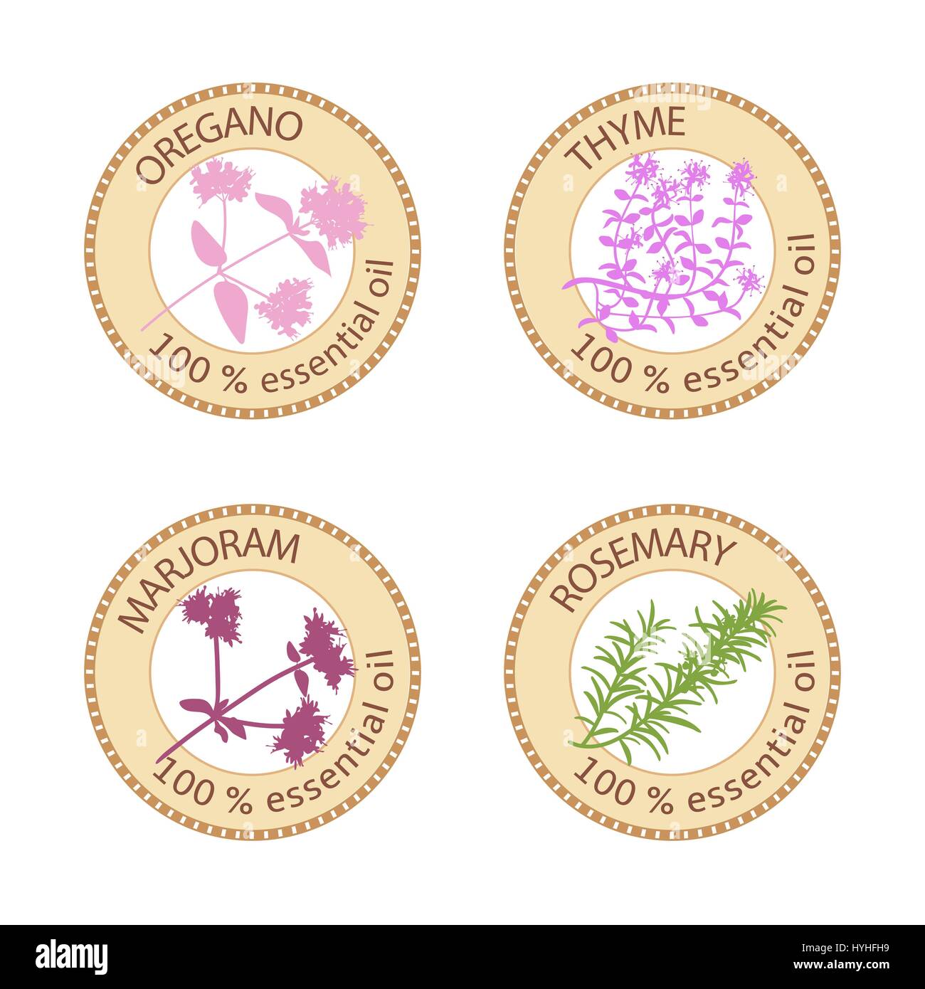 Reihe von flachen ätherisches Öl Etiketten. 100 Prozent. Oregano, Thymian, Majoran, Rosmarin Stock Vektor