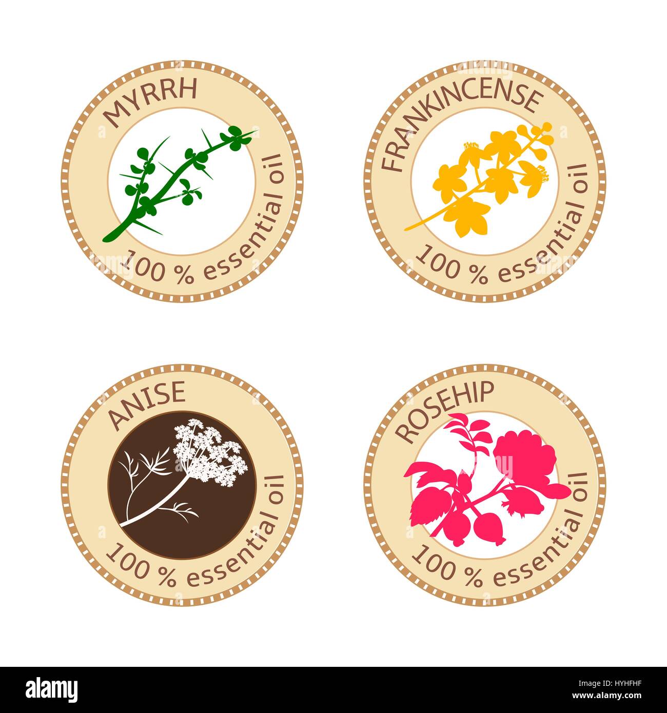 Reihe von flachen ätherisches Öl Etiketten. 100 Prozent. Myrrhe, Weihrauch, Anis, Hagebutte Stock Vektor