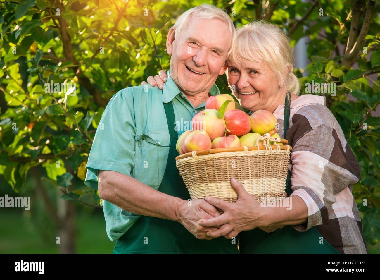 Glücklich Gärtner halten Apfelkorb. Stockfoto