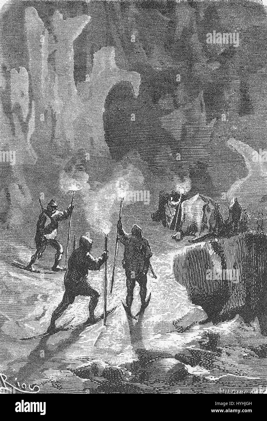 „The Field of Ice“ ist ein Gemeinschaftswerk von Riou und Montaut, das eine kalte, karge Landschaft aus Eisfeldern veranschaulicht. Das Gemälde spiegelt die Härte der Natur wider, die in einem realistischen, detaillierten Stil festgehalten wird. Stockfoto