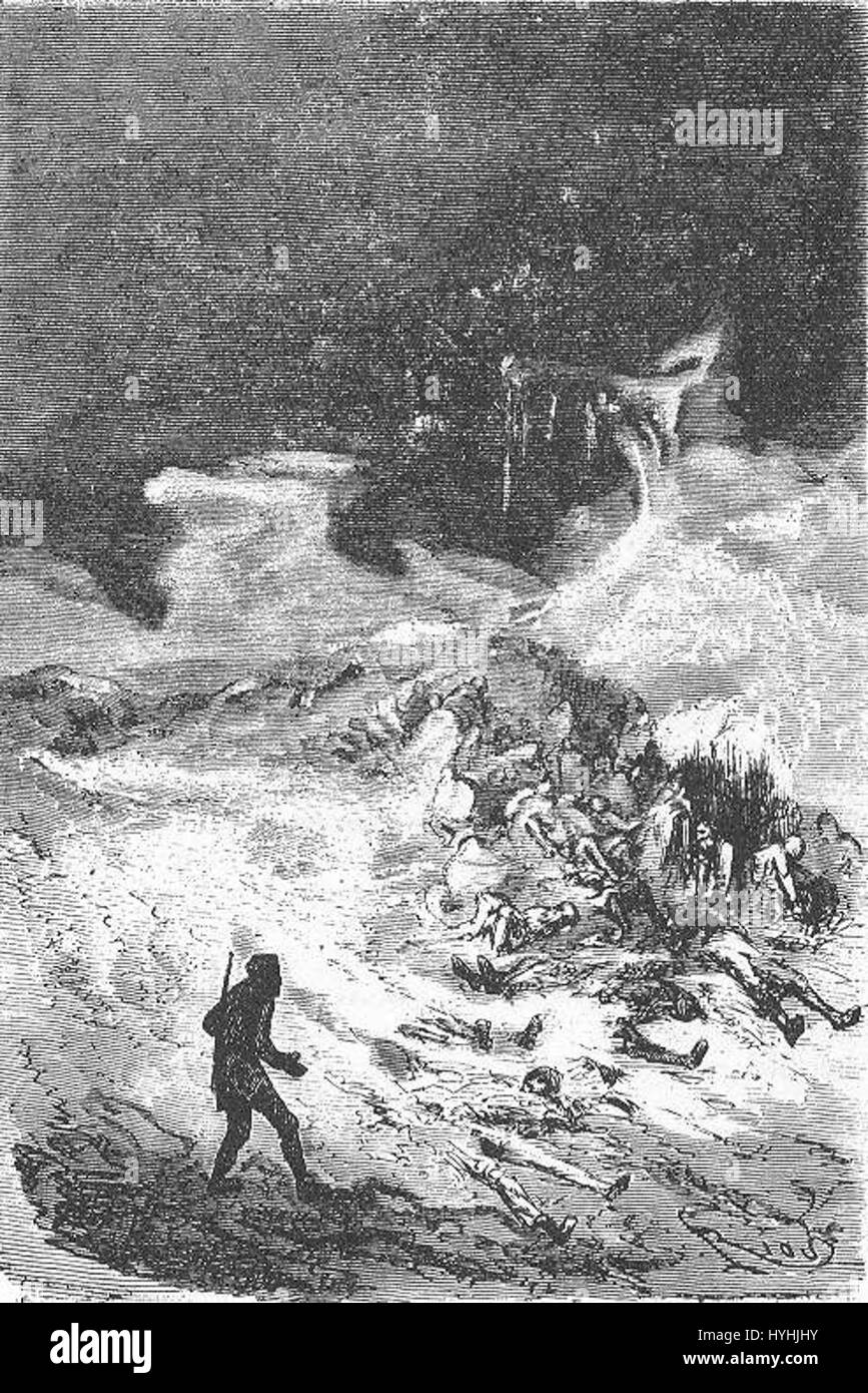 „The Field of Ice“ von Riou und Montaut ist eine dramatische Illustration einer eisigen Weite, die möglicherweise auf eine arktische oder antarktische Szene verweist. Die Künstler erfassen die kalte, kalte Umgebung und konzentrieren sich dabei auf die Herausforderungen, denen diese extremen Umgebungen gegenüberstehen. Stockfoto