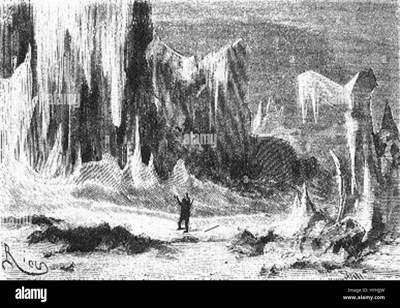 „The Field of Ice“ von Riou und Montaut ist eine eindrucksvolle Illustration, die eine eisige, einsame Landschaft darstellt. Diese dramatische Arbeit fängt die rauen Bedingungen der Polarregionen ein und erinnert an die Herausforderungen der Erkundung im gefrorenen Norden. Stockfoto