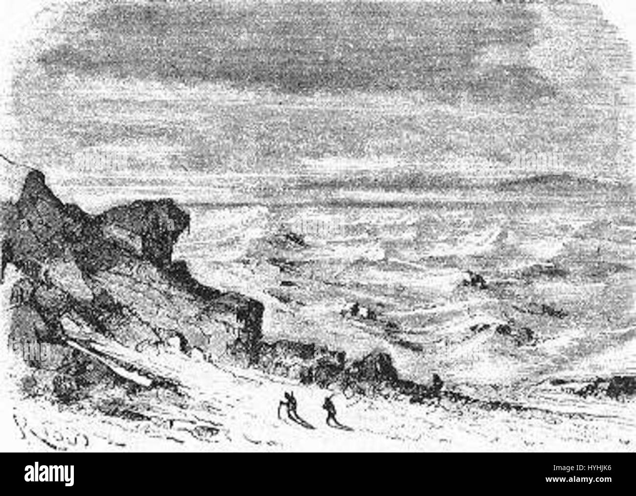 „The Field of Ice“ von Riou und Montaut fängt die riesige, vereiste Landschaft mit dynamischen Perspektiven ein. Die Arbeit zeigt die raue, gefrorene Umgebung und hebt den dramatischen Kontrast zwischen der Kälte der Natur und der Widerstandsfähigkeit des menschlichen Geistes hervor. Stockfoto